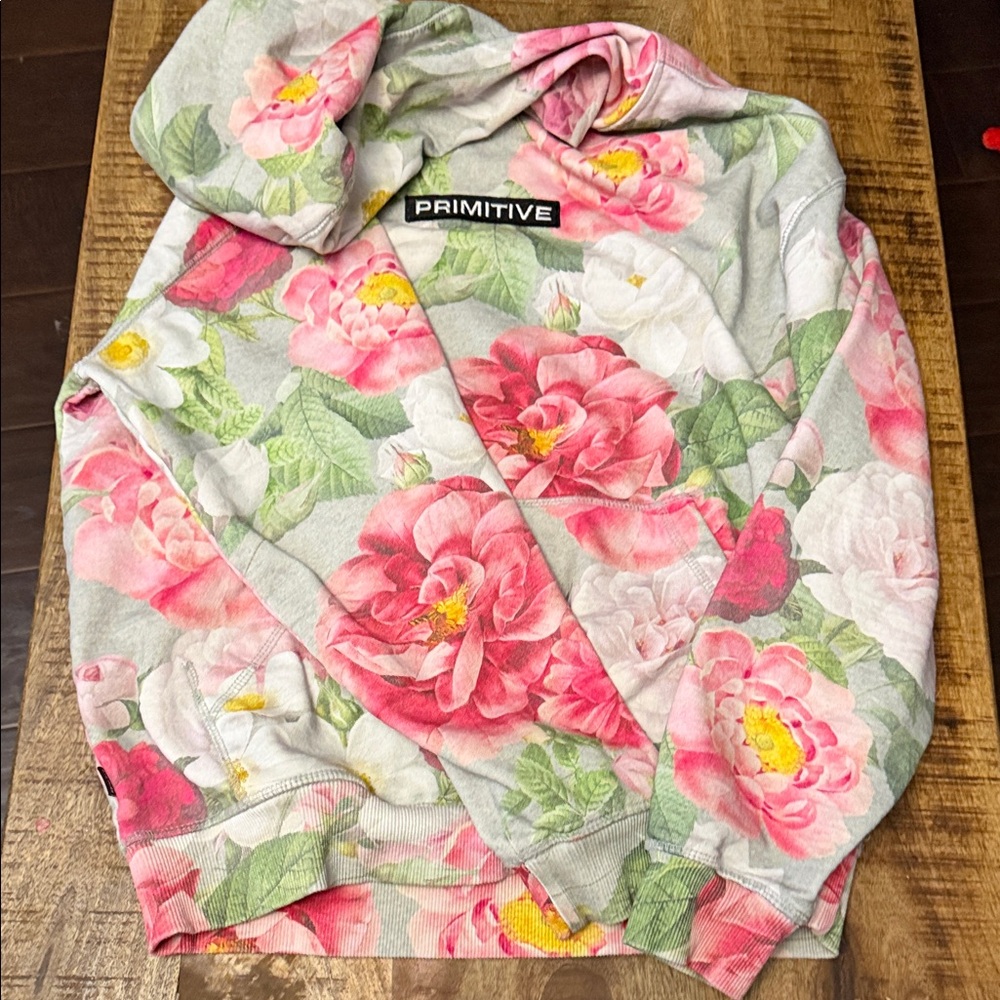 Primitive Rose-Print Pullover Hoodie in Pink and Green
